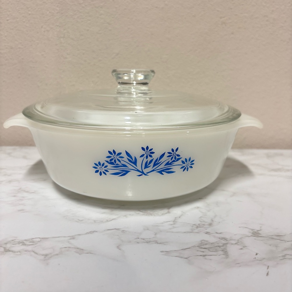 Anchor Hocking White Casserole Dish with Blue Floral Pattern